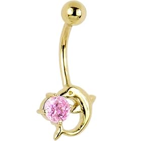 Solid 14KT Yellow Gold DOLPHIN Pink Cubic ZIRCONIA Belly Ring by 