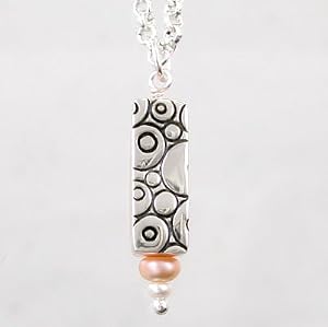 Rectangular Cube Pendant with Circle Design and Pearl Accents in Sterling Silver and Copper on a 16" Chain, #8913