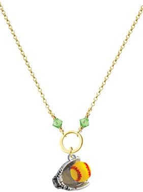 Extra Large Softball and Glove Lime Bicone Gold Tone Karma Ring Necklace