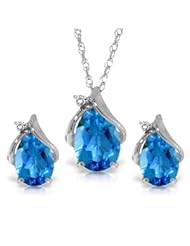 14k White Gold Teardrop Blue Topaz with Diamond Accent Necklace and Earring Set