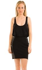 Fitted Gathered Draped Scoop Neck Sleeveless Fall Leather/Polyester/Spandex/Viscose Thigh Length  Dress