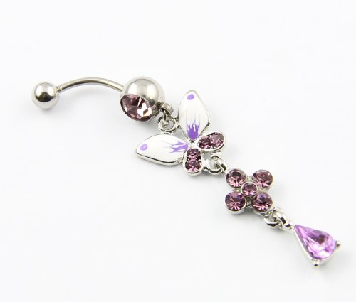 Surgical Steel 14 Gauge Purple Butterfly Gem Crystal Dangle Navel Belly Button Ring Bar Barbell