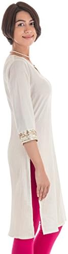 Naksh Women's Pintuck Short Kurta Gota On Sleeve Large Off White