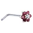 Solid 14KT White Gold Red and Clear Cubic Zirconia Flower L-Shaped Nose Ring - 18 Gauge