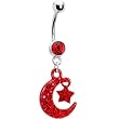 Crescent Moon Star Red Gem Belly Ring
