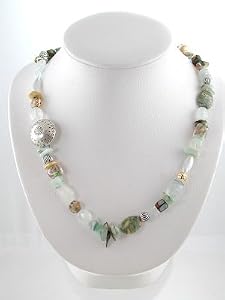 Aquamarine Gemstone, Green Jasper, Abalone, Fused Glass Sterling Silver and Gold Vermeil Bead Treasure Necklace 24" Length, #9559