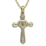 24K Gold / Sterling Silver Mustard Seed Cross w/ Heart & Cubic Zirconia Stones on 18