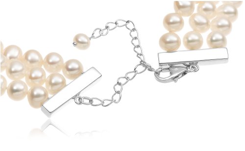 Sterling Silver Triple-Strand Freshwater Cultured Pearl Necklace w/ Filigree Cubic Zirconia Center, 15.25''