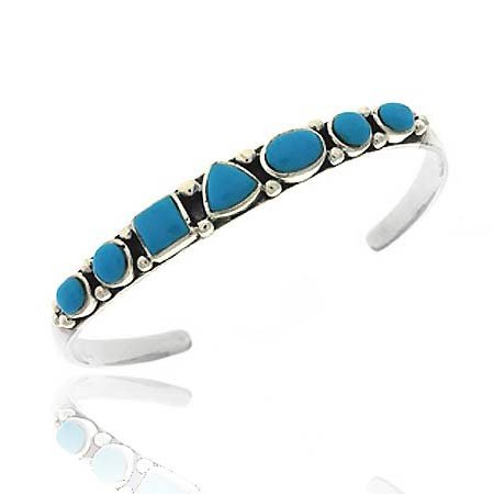 Sterling Silver .925 Reconstituted Blue Turquoise Bali Bead Geometric Shape Bangle