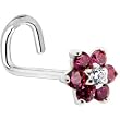 Solid 14KT White Gold Red and Clear Cubic Zirconia Flower Left Nostril Screw - 20 Gauge