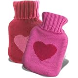 Pink Heart Design Knitted Hot Water Bottle Cover & Bottle'