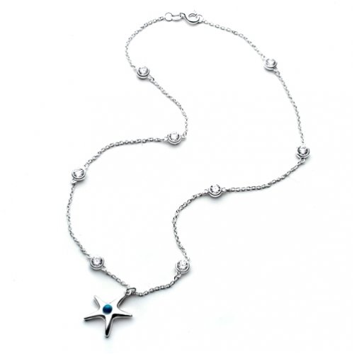 Bling Jewelry .925 Sterling Silver Turquoise CZ Starfish Necklace