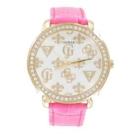 GUESS #U95103L1 Women's Swarovski Crystal Accented Pink Leather Strap Watch