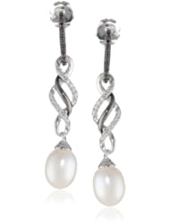 Sterling Silver Freshwater Cultured Pearl with Black and White Diamonds Twist Design Drop Earrings