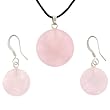 Rose Quartz Round Shaped Pendant and Earrings Set - 20mm Pendant, 15mm Earrings - Adjustable Cord Necklace