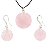 Rose Quartz Round Shaped Pendant and Earrings Set - 20mm Pendant, 15mm Earrings - Adjustable Cord Necklace