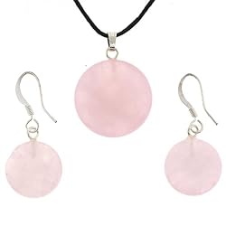 Rose Quartz Round Shaped Pendant and Earrings Set - 20mm Pendant, 15mm Earrings - Adjustable Cord Necklace
