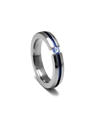 Womens Grey Titanium Round-Cut Blue Sapphire Ring with Blue Anodized Channel