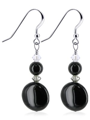 Black Onyx Swarovski Crystal Sterling Silver French Ear Wire Hook Dangle Earrings