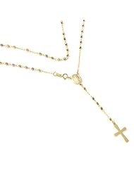 14k Tri Color Rose, White and Yellow Gold 4.5 Gram Chain and Small Faceted Bead 16.5" Rosary Necklace with 3" Dangle, and 0.75" Cross. Made in Italy