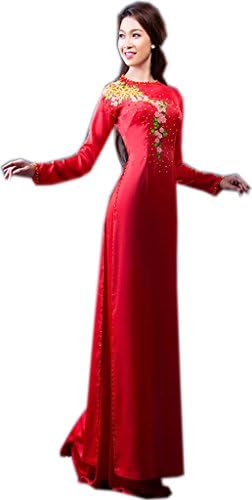 Udesignwecustomize Vietnamese Dress Ao Dai Printed Silk Medium Red