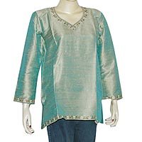 Women's Green Tunic Top Kurti Clothes in India Embroidery Size S
