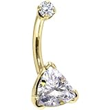 Solid 14KT Yellow Gold Clear Trillion CZ Internally Threaded Belly Ring