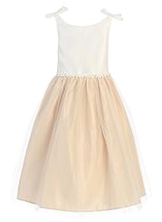 Girls Polyester/Satin/Tulle Tea Length Two-Toned   Flower-Girl Dress  With a Bow(s) and a Ribbon  and a Sash  and Pearls