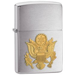 Zippo Army Emblem Lighter Brushed Chrome Finish Gold Tone U.S. Army Emblem Front