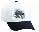 White Cap with man, hunting, human, body, individuals, sandwich, individual, doberman, persons, dogs, humans, food, people, person, dog, terrier, snack, share