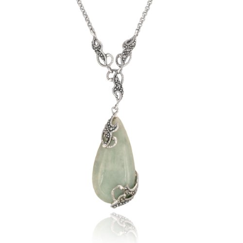 Sterling Silver Marcasite and Jade Teardrop Necklace, 16+2″ Extender