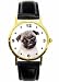 Pug Dog Puppy Watch Classic Larger Size 1.1/4 Inch Dial. Gold Tone Case Black Leather Band.