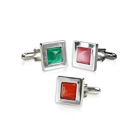 Classic Ruby Red,Trendy Pink & Jade Green Solitaire Catseye Cufflinks in Silver Frame by 