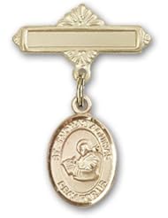 Gold Filled Baby Badge with St. Thomas Aquinas Charm and Polished Badge Pin