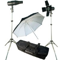 Adorama Budget Studio Monolight Flash Kit #3, with 2 100 watt Second Budget Flashes, Light Stands, 1 Umbrella, Barndoor, Snoot and Softex Carry Case.