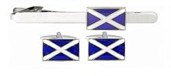 Patriotic rhodium plated and enamel set of cross of St. Andrew or Scottish Flag cufflinks and matching tie clip with presentation box