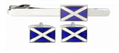 Patriotic rhodium plated and enamel set of cross of St. Andrew or Scottish Flag cufflinks and matching tie clip with presentation box