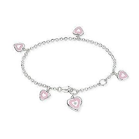 Childrens 1/10 Carat Diamond Sterling Silver Pink Enamel Heart Charm Bracelet