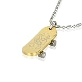 Stainless Steel Gold Tone Skull Design Skateboard Pendant Necklace