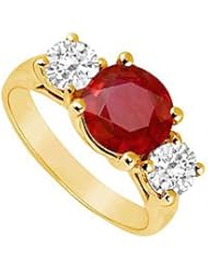 Three Stone Ruby and Diamond Ring 14K Yellow Gold - 3.00 CT TGW