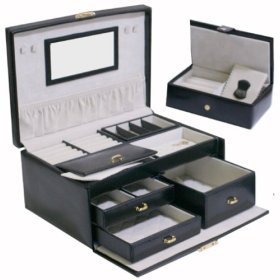 Black Italian Leather Jewelry Box with Compact Travel Case