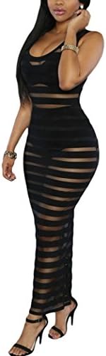 Bamovo Womens Sleeveless Mesh Stitching See Through Skinny Sheath Dress Black,Black,X-Small