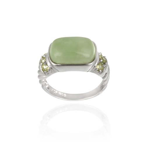 Sterling Silver Genuine Green Jade Domed Rectangle & Peridot Ring