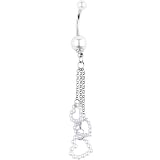 White Faux Pearl Hollow Heart Chain Drop Belly Ring
