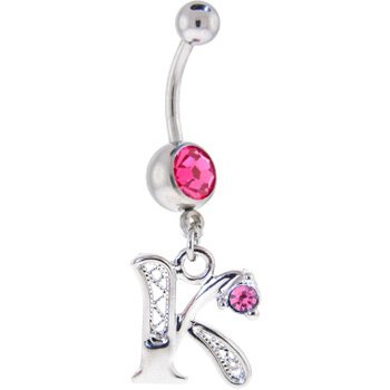 Passion Pink Jeweled INITIAL Dangle Belly Ring LETTER K