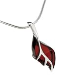 Sterling silver with gentle frame and leaf-shaped, cherry amber pendant on 18-inch sterling silver chain