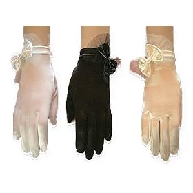 Elastic Wrist Shortie Gloves, Shiny Stretch Satin Spandex, with matching color tulle and satin bow, cuff ends just below the wrist bone.