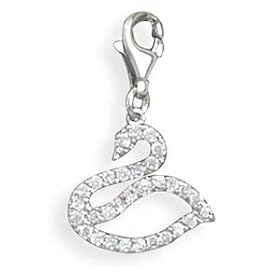 Rhodium Plated Sterling Silver Cubic Zirconia CZ Swan Charm, Lobster Clasp, 1 3/16 inch