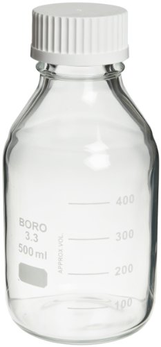 Wheaton 219939 Safety Coated Bottle, Media/Reagent Style, 500mL With Polypropylene Pour Ring And 45mm White Polypropylene Unlined Screw Cap, 86mm x 186mm (Case of 12)