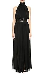 Pleated Stretchy Fitted Floor Length High-Neck Chiffon/Leather/Polyester Off the Shoulder Sleeveless  Dress